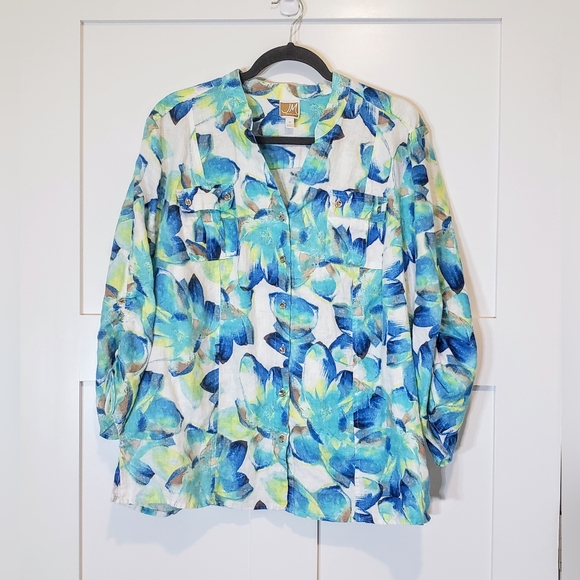 JM Collection Tops - JM Collection Linen Button Down Shirt Front Pockets 3/4 Sleeves Sz 18 Blue Green